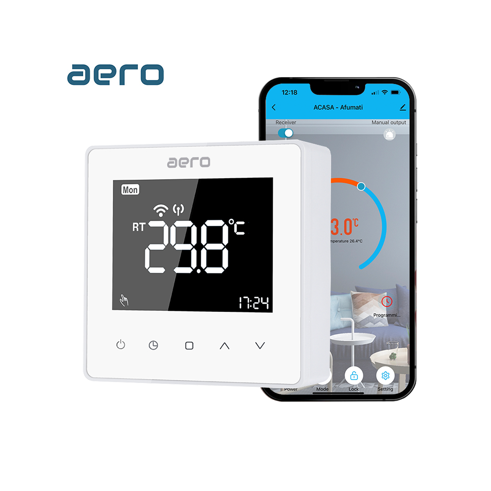 Termostat AERO TP618RFW Wi-Fi, Wireless, pentru Centrala Termica, Incalzire Pardoseala, Smart, Programabil, Alexa, Google, Alb
