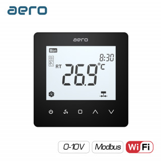 Termostat AERO TP518FC4WN-FV Black, pentru Ventiloconvector, Aeroterma, 2/4 tevi, WiFi, Modbus, Ventilator EC 0-10V, Tuya, Smart