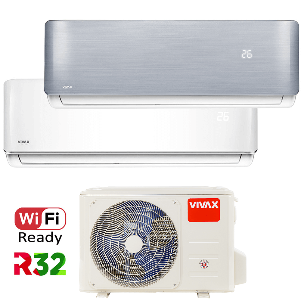 Aer conditionat multisplit Vivax 14000 BTU, 2 unitati R-design, 9+12 BTU, White/Silver