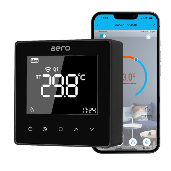 Termostat AERO Seria TP618 pentru Centrala Termica fara fir - WiFi, Wireless, Negru