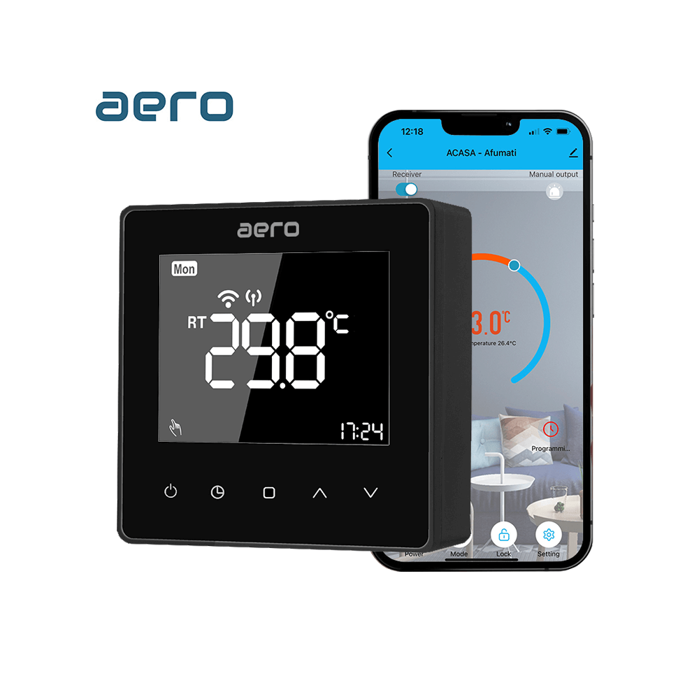 Termostat AERO Seria TP618 pentru Centrala Termica fara fir - WiFi, Wireless, Negru