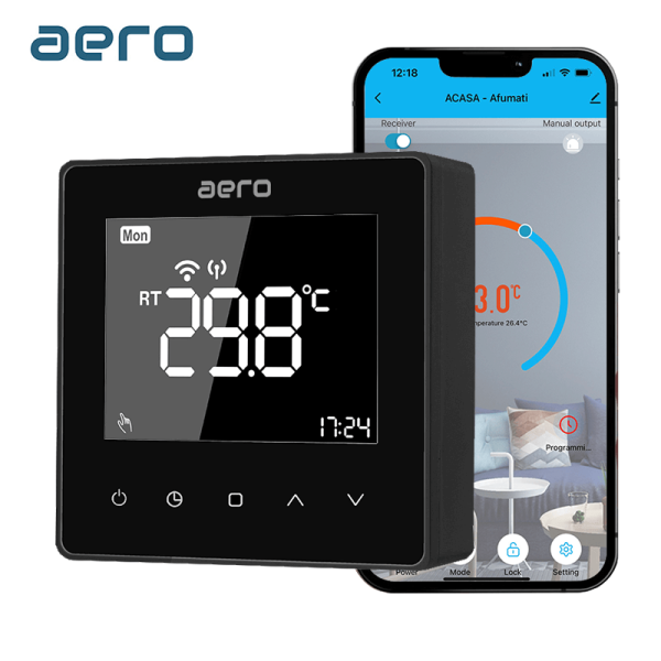 Termostat AERO Seria TP618 pentru Centrala Termica fara fir - WiFi, Wireless, Negru